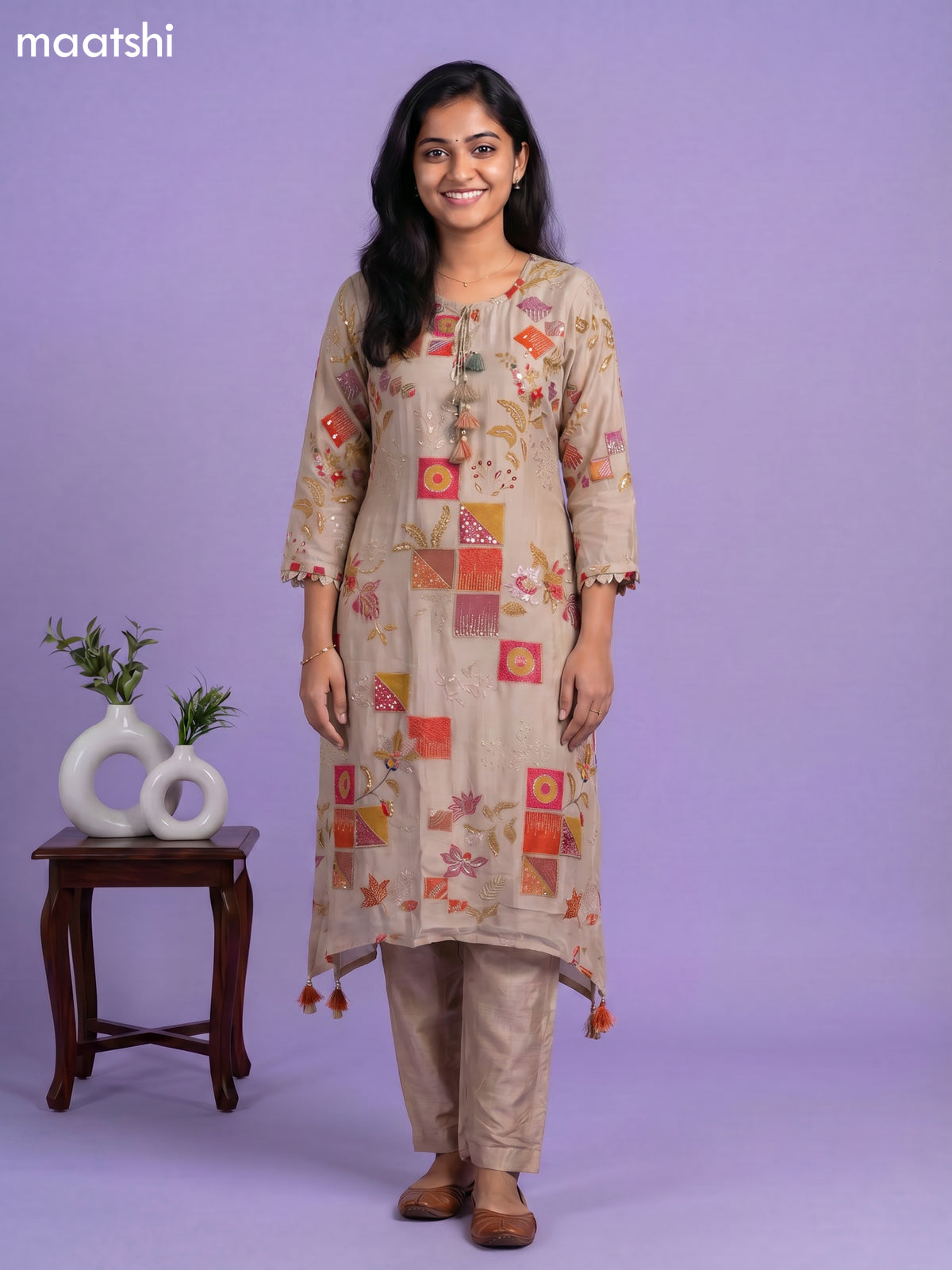 Beige Art Silk Printed & Embroidery Work Fish Cut Kurti Set