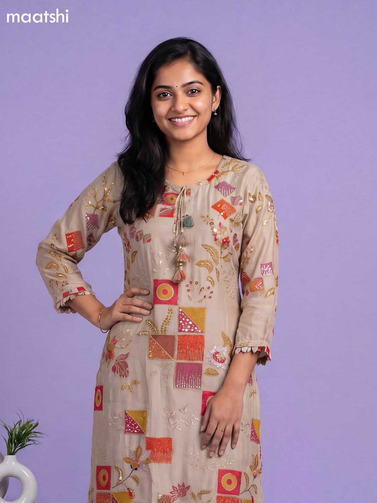 Beige Art Silk Printed & Embroidery Work Fish Cut Kurti Set