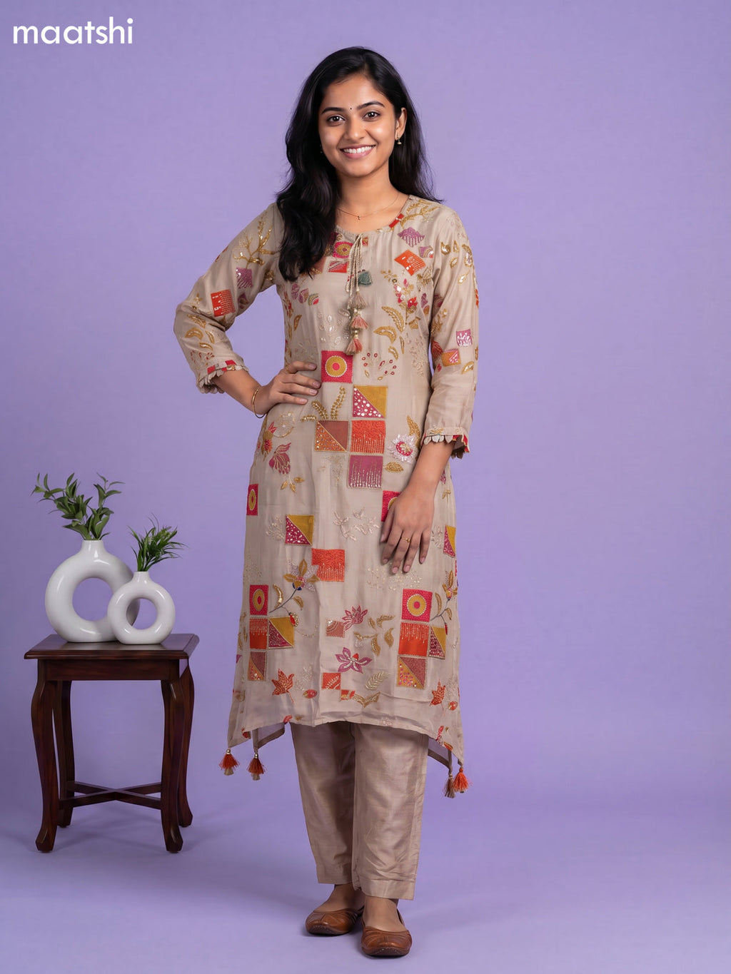 Beige Art Silk Printed & Embroidery Work Fish Cut Kurti Set