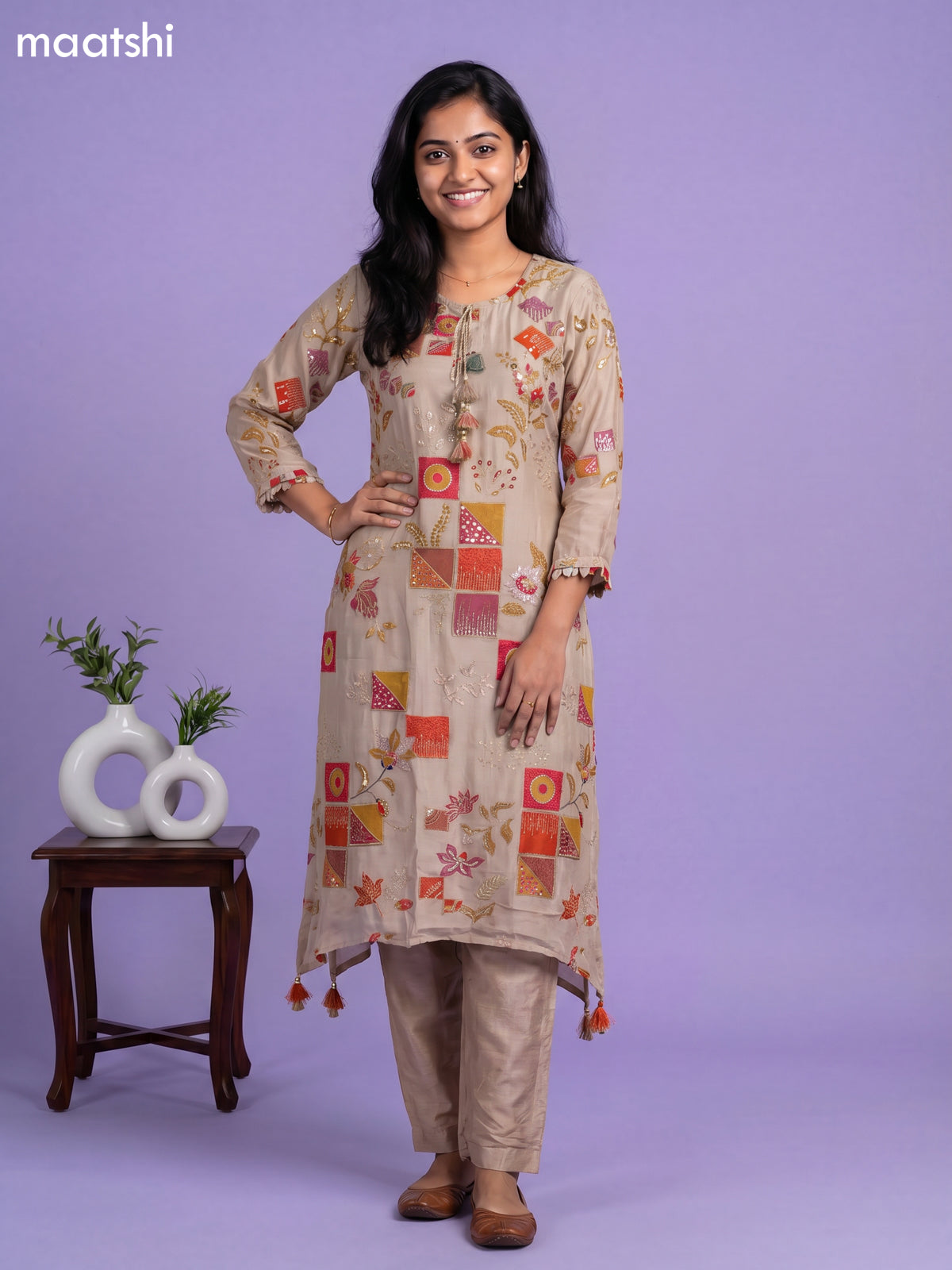 Beige Art Silk Printed & Embroidery Work Fish Cut Kurti Set