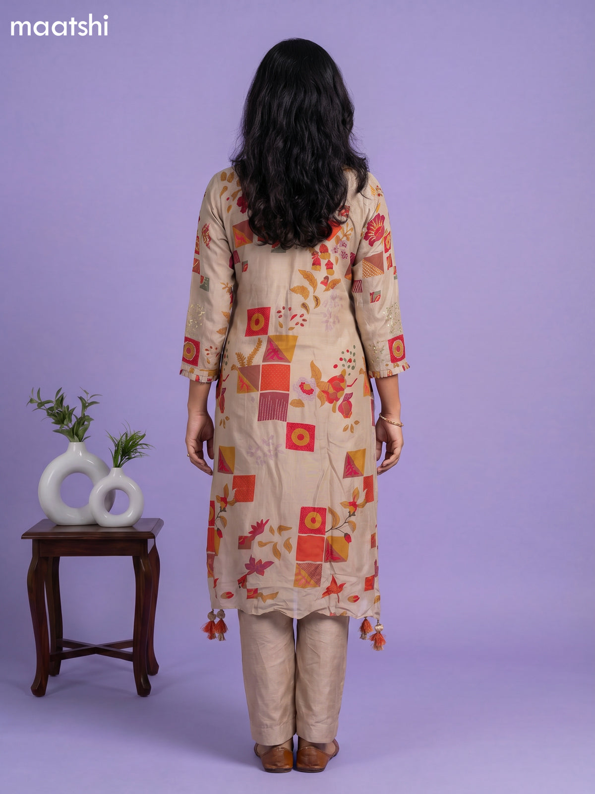 Beige Art Silk Printed & Embroidery Work Fish Cut Kurti Set