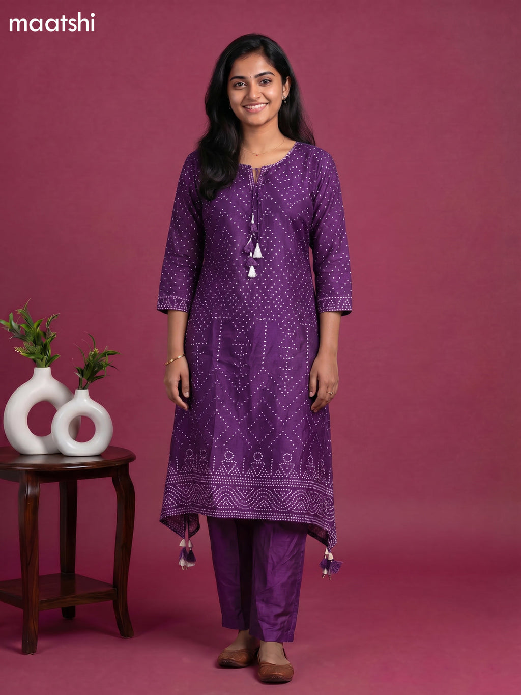 Violet Art Tussar Bandhini Printed Fish Cut Kurti Set