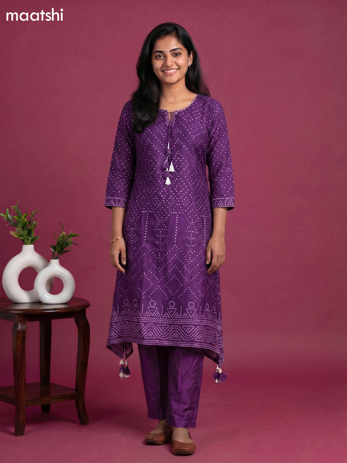 Violet Art Tussar Bandhini Printed Fish Cut Kurti Set