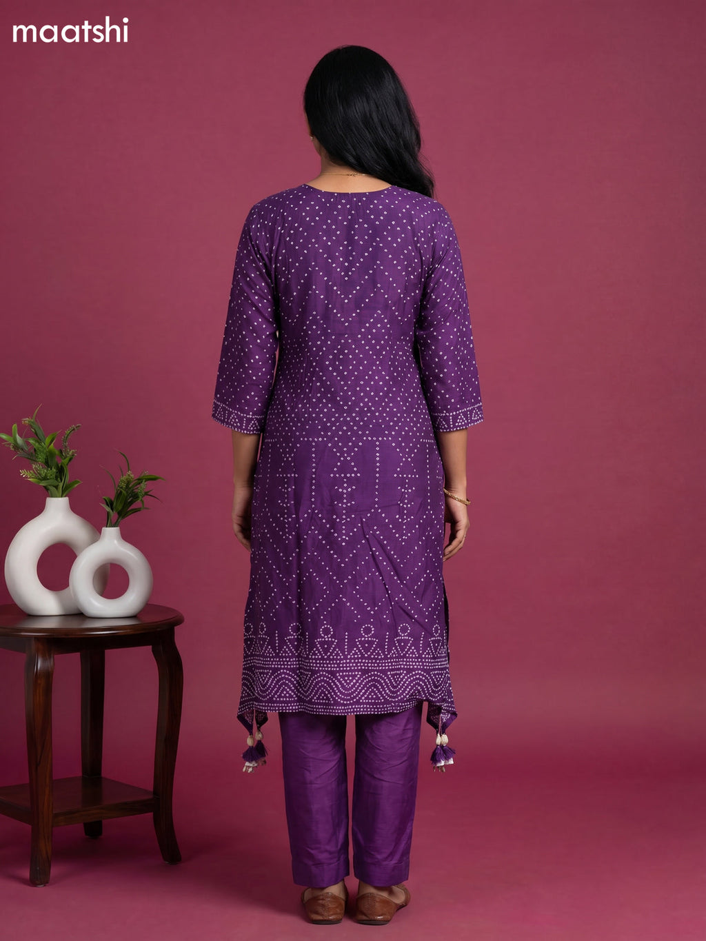 Violet Art Tussar Bandhini Printed Fish Cut Kurti Set