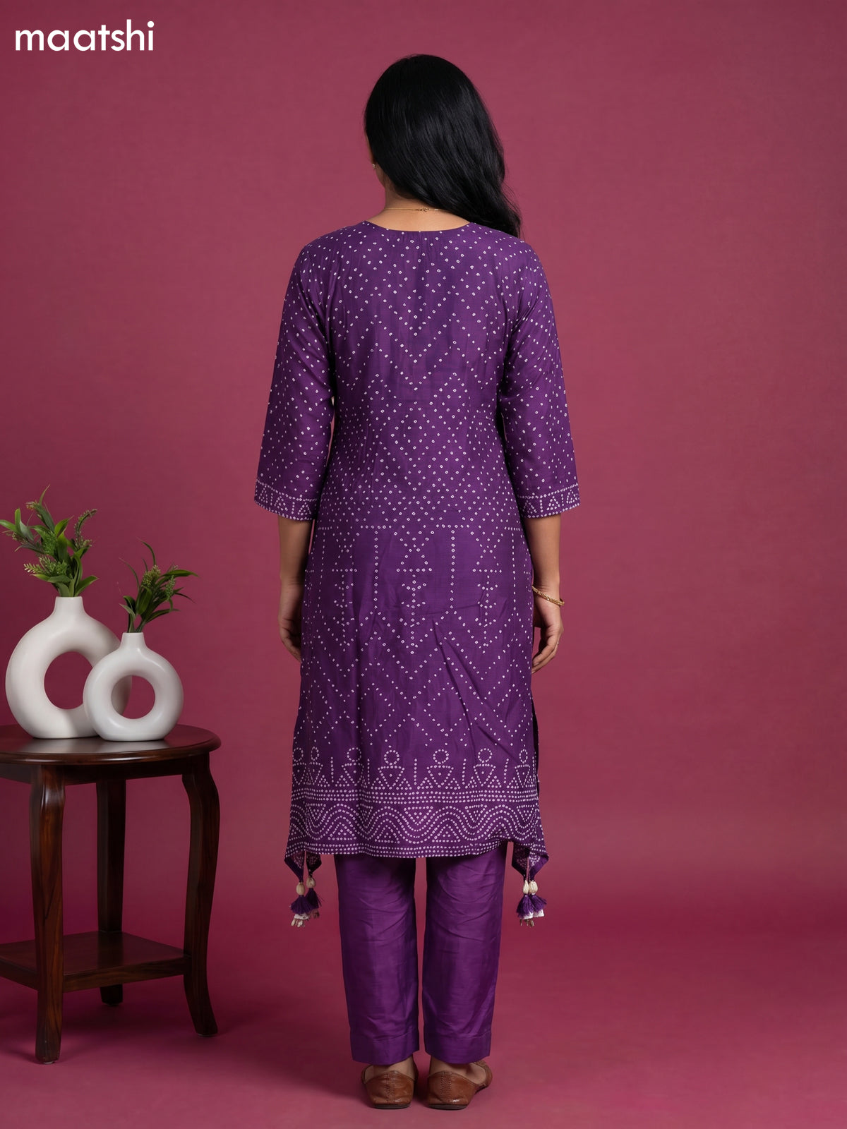 Violet Art Tussar Bandhini Printed Fish Cut Kurti Set