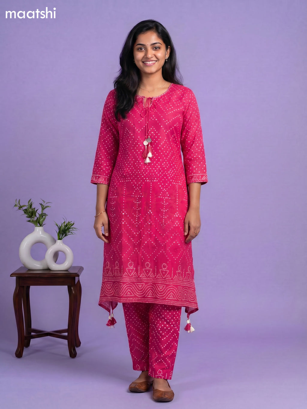 Pink Art Tussar Bandhini Printed Fish Cut Kurti Set