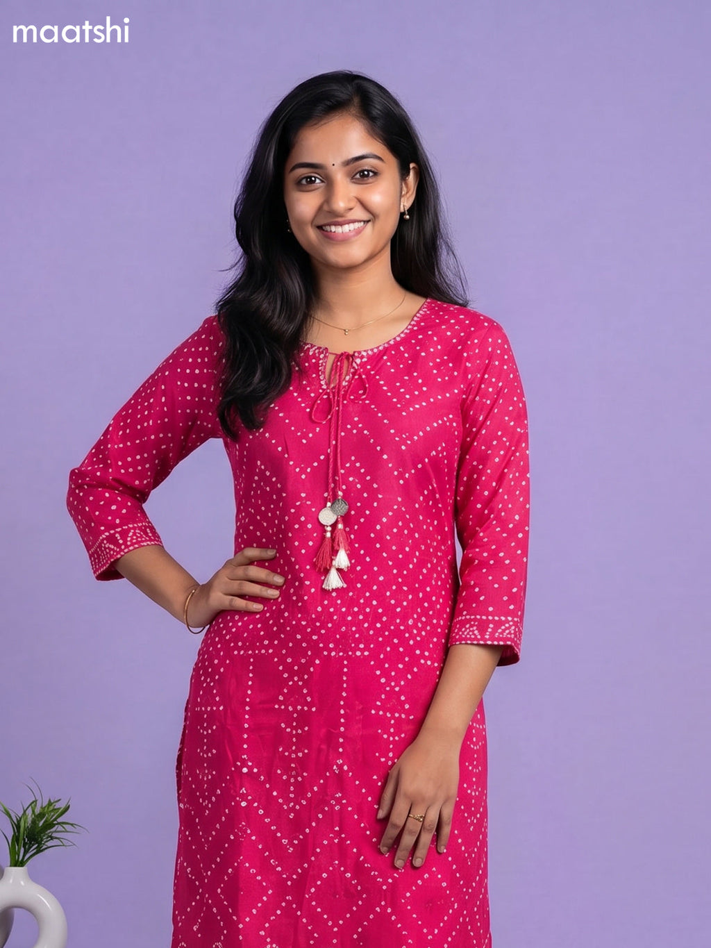 Pink Art Tussar Bandhini Printed Fish Cut Kurti Set