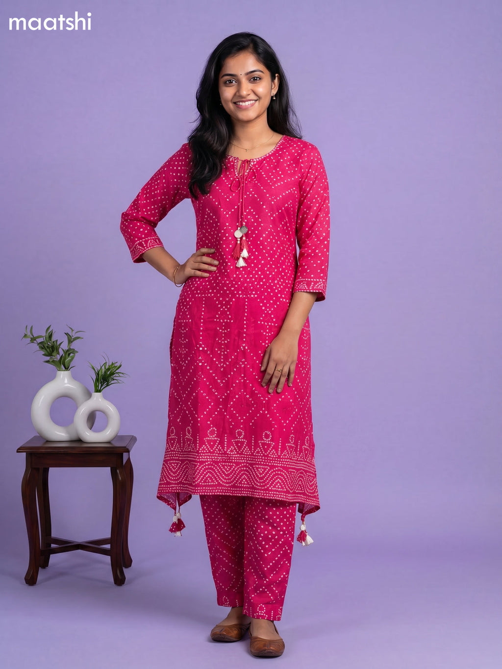 Pink Art Tussar Bandhini Printed Fish Cut Kurti Set