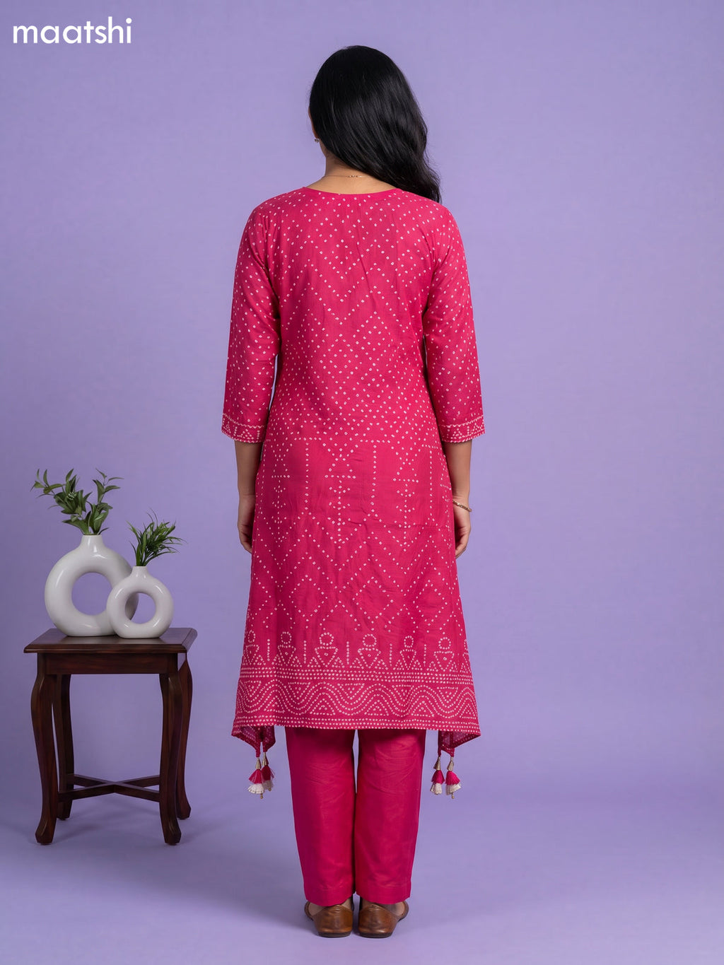 Pink Art Tussar Bandhini Printed Fish Cut Kurti Set