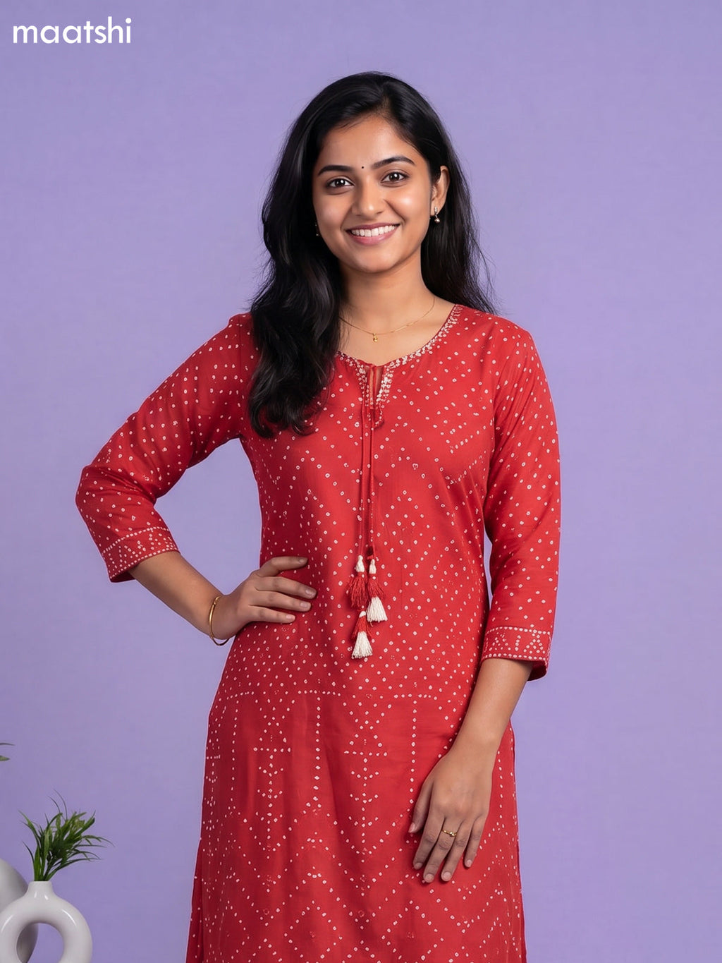 Red Art Tussar Bandhini Printed Fish Cut Kurti Set