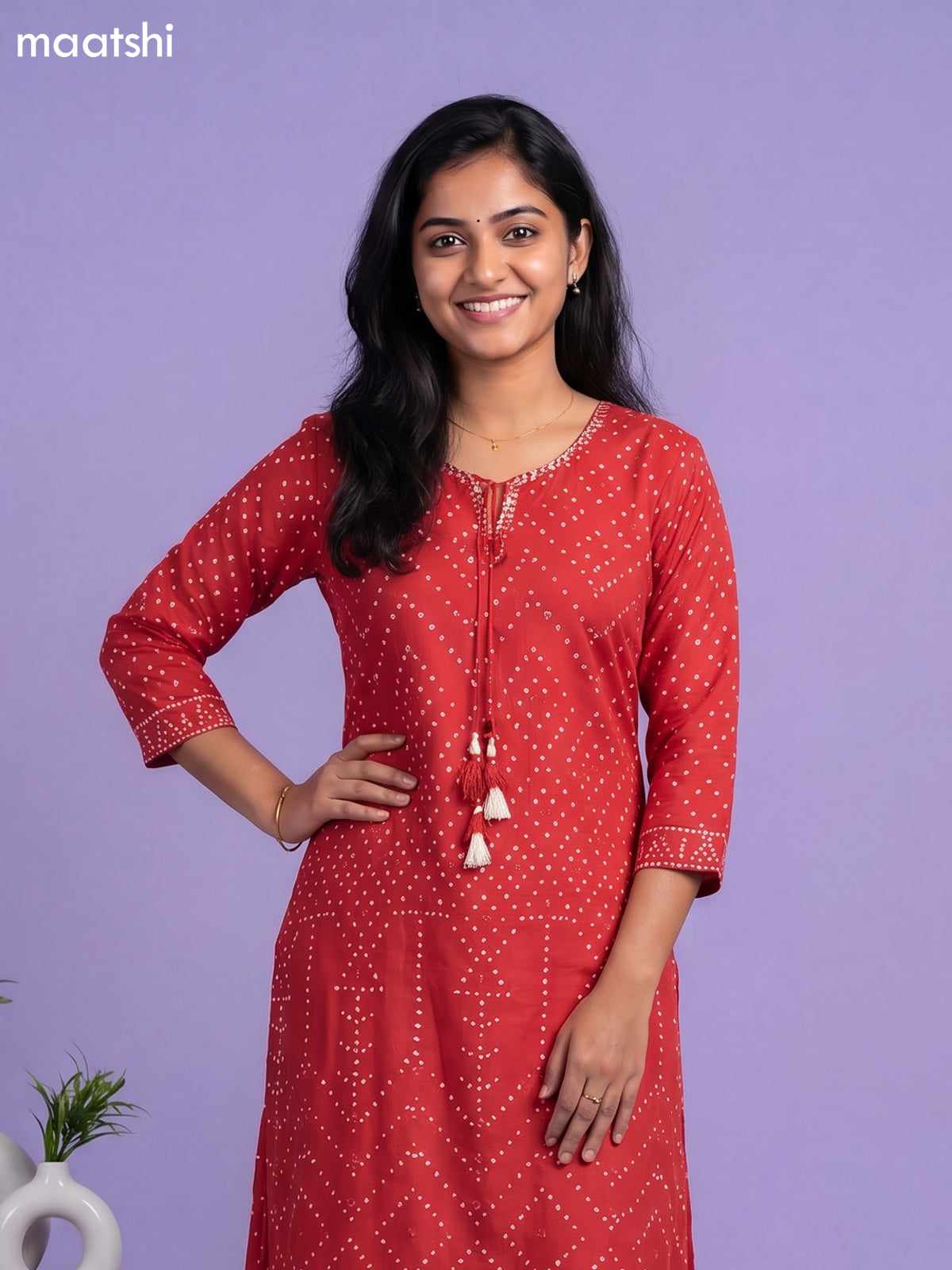Red Art Tussar Bandhini Printed Fish Cut Kurti Set