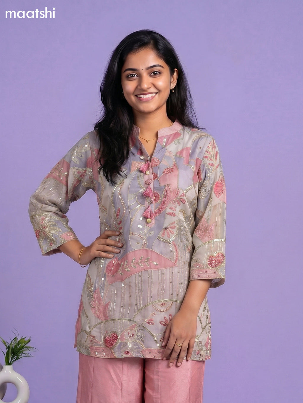 Pastel Pink and Pastel Grey Tissue Embroidery Work Short Straight Suit