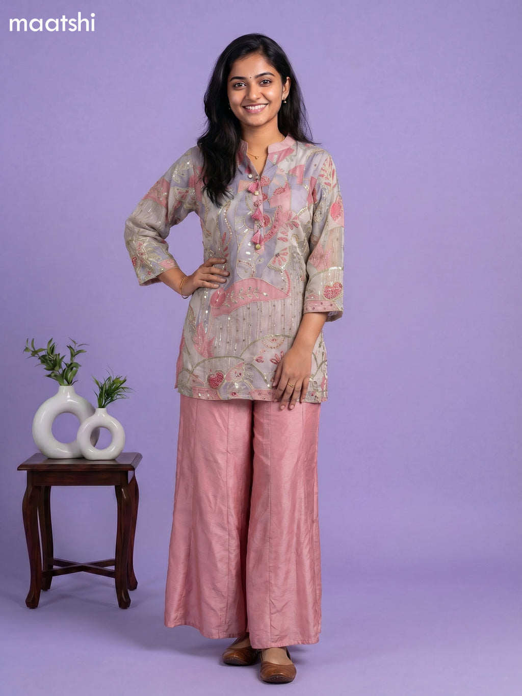 Pastel Pink and Pastel Grey Tissue Embroidery Work Short Straight Suit