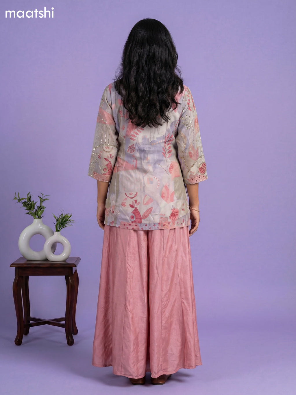 Pastel Pink and Pastel Grey Tissue Embroidery Work Short Straight Suit