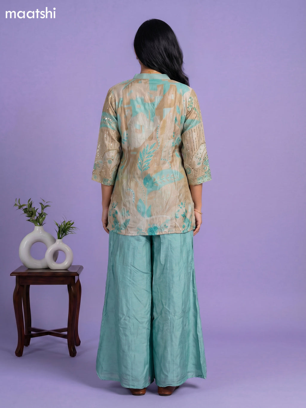 Teal Green and Beige Tissue Embroidery Work Short Straight Suit