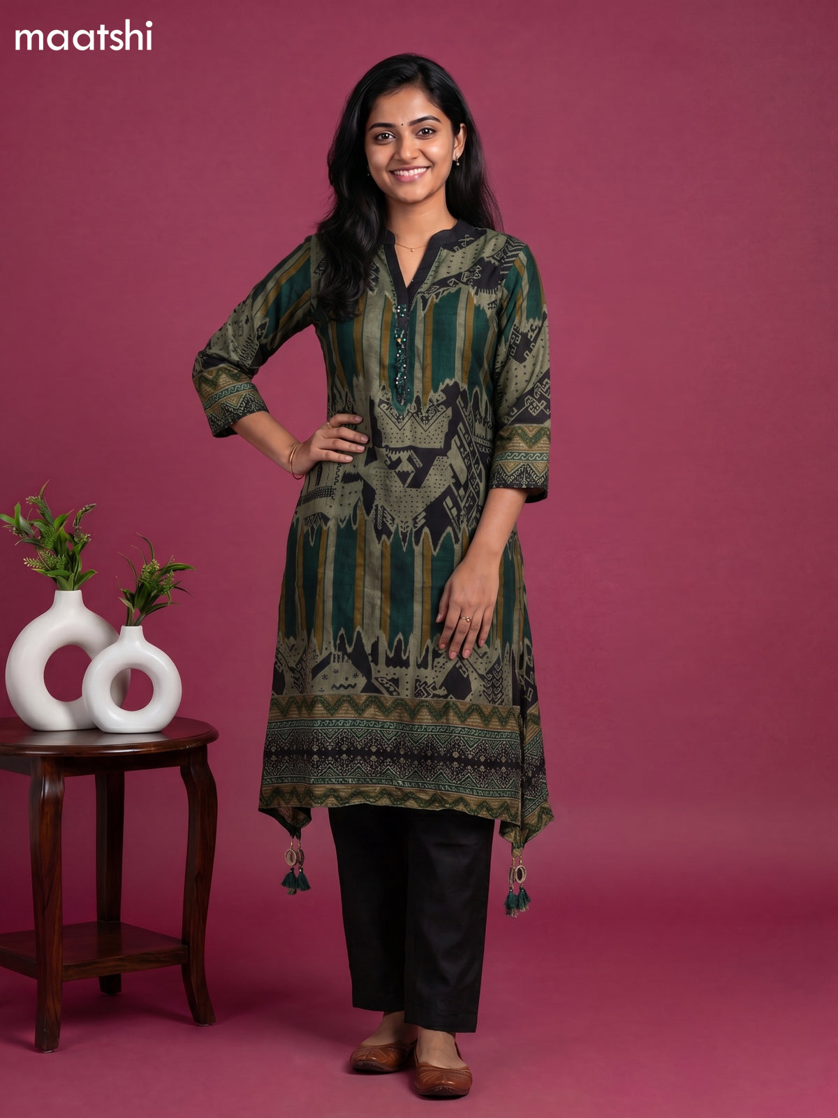 Pastel Green and Black Art Tussar Printed Fish Cut Kurti Set