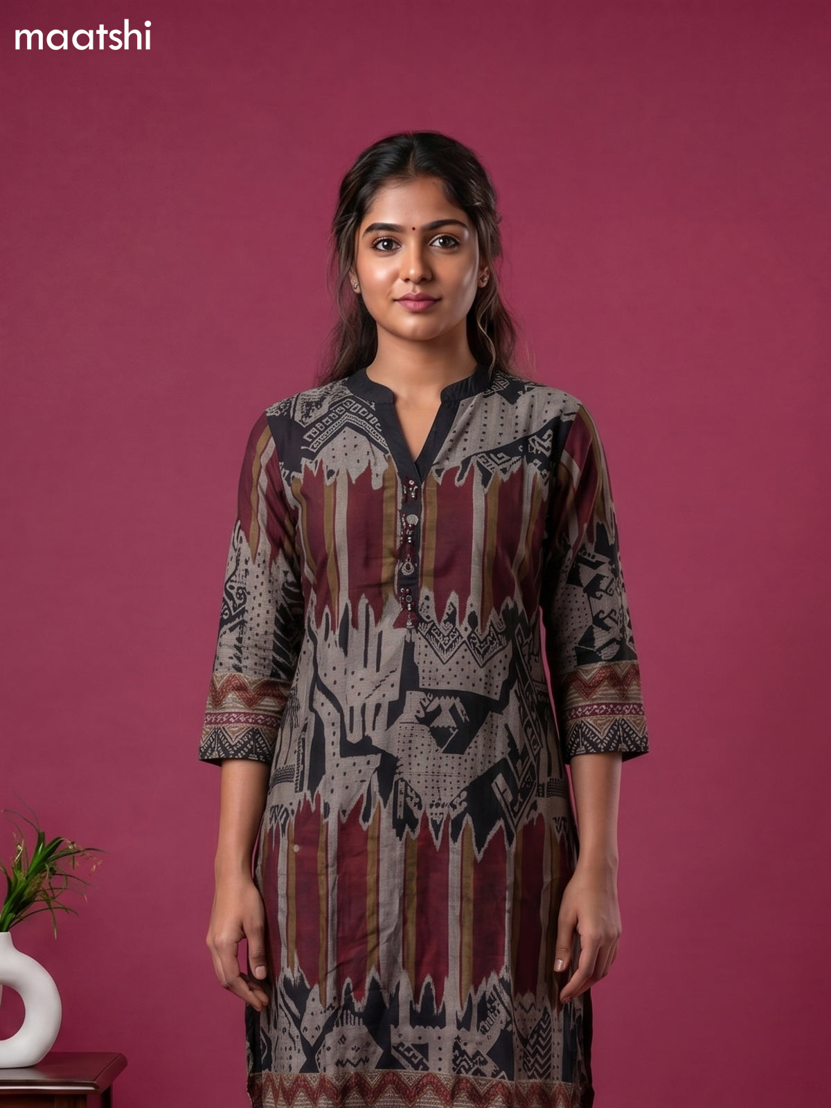 Dark Beige and Black Art Tussar Printed Fish Cut Kurti Set