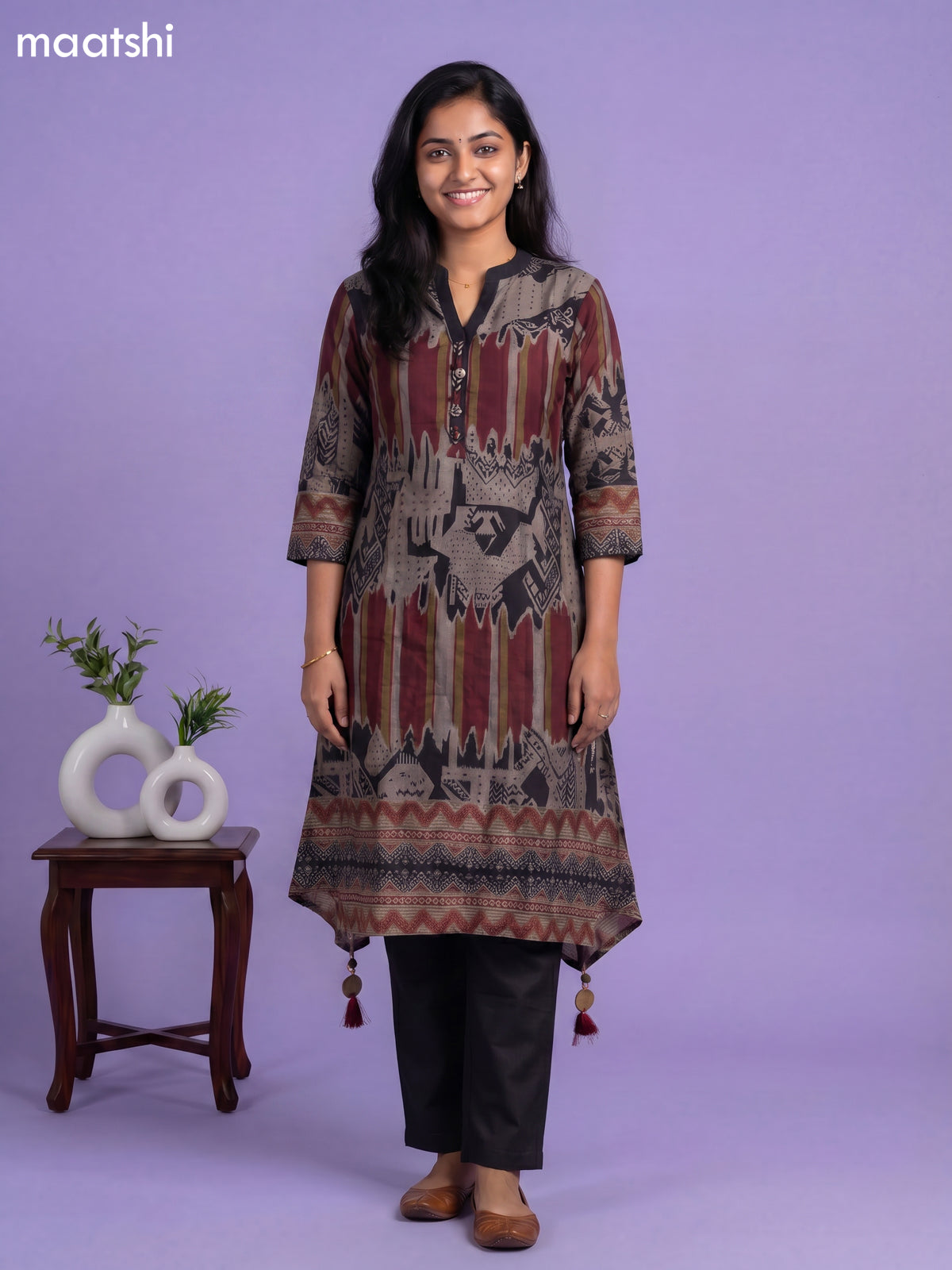 Dark Beige and Black Art Tussar Printed Fish Cut Kurti Set