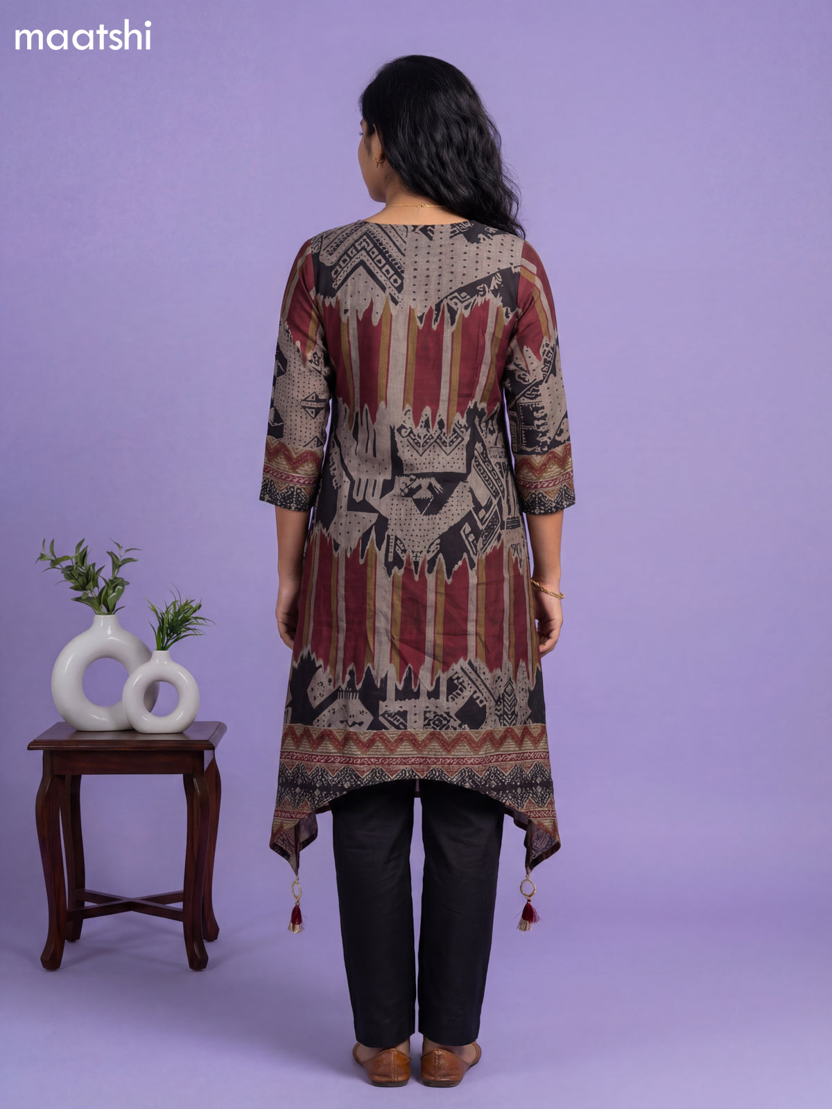 Dark Beige and Black Art Tussar Printed Fish Cut Kurti Set