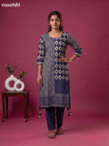 Beige and Navy Blue Art Tussar Printed & Embroidery Work Fish Cut Kurti Set