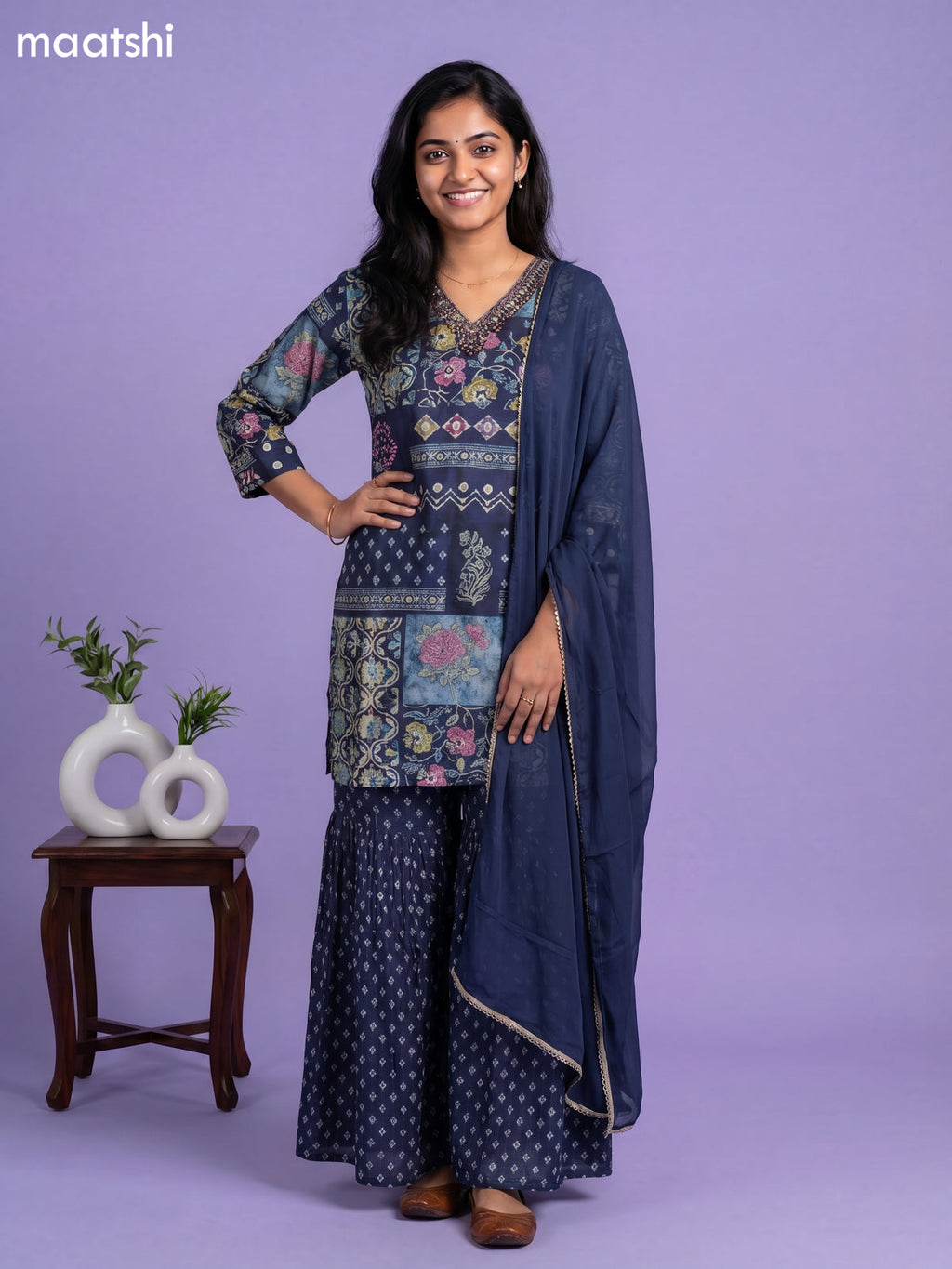 Navy Blue Art Tussar Printed Straight Suit