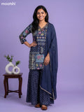 Navy Blue Art Tussar Printed Straight Suit