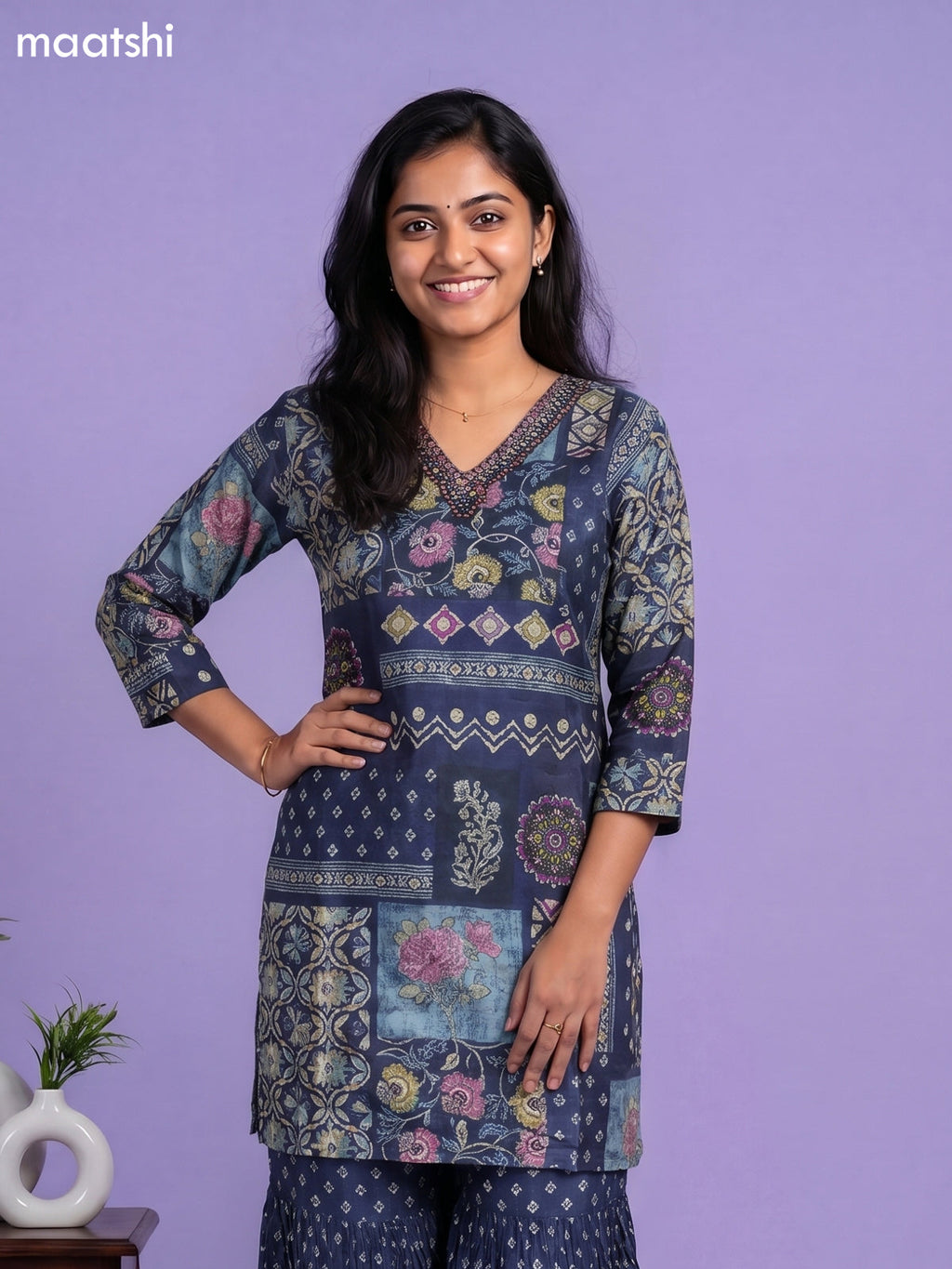 Navy Blue Art Tussar Printed Straight Suit