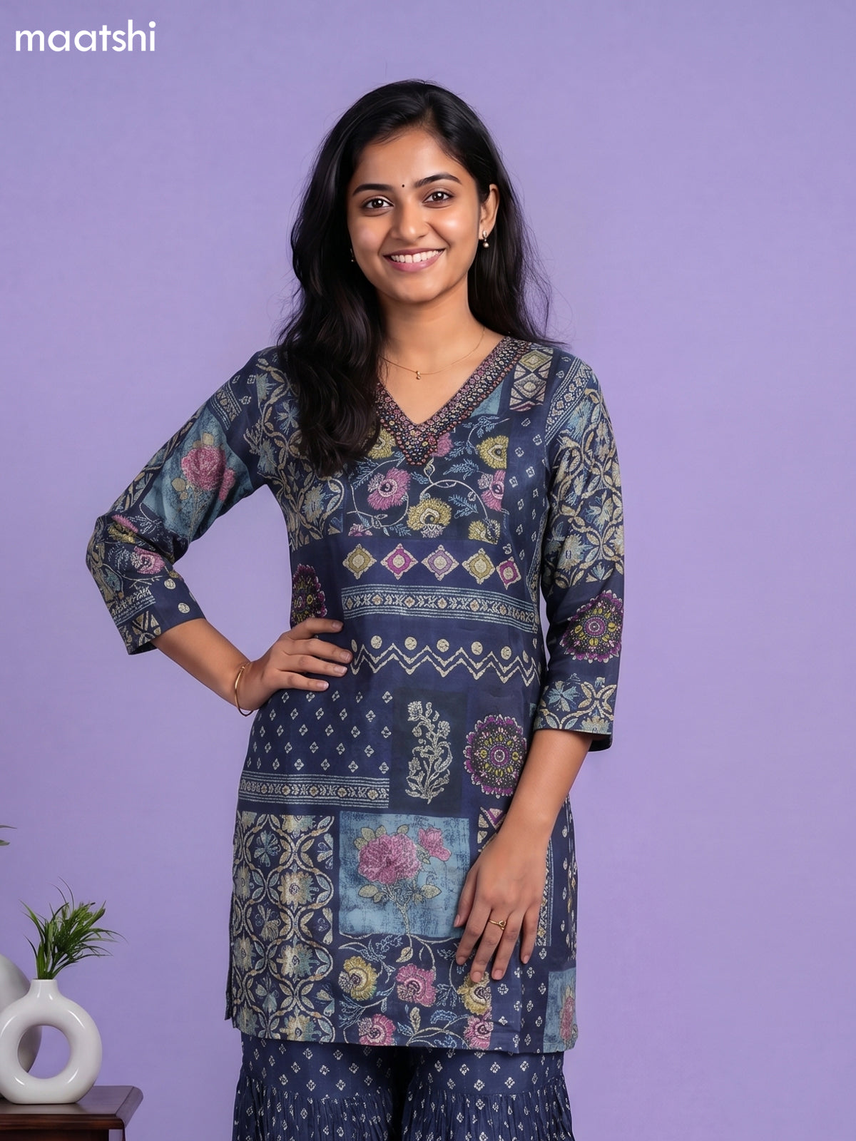 Navy Blue Art Tussar Printed Straight Suit