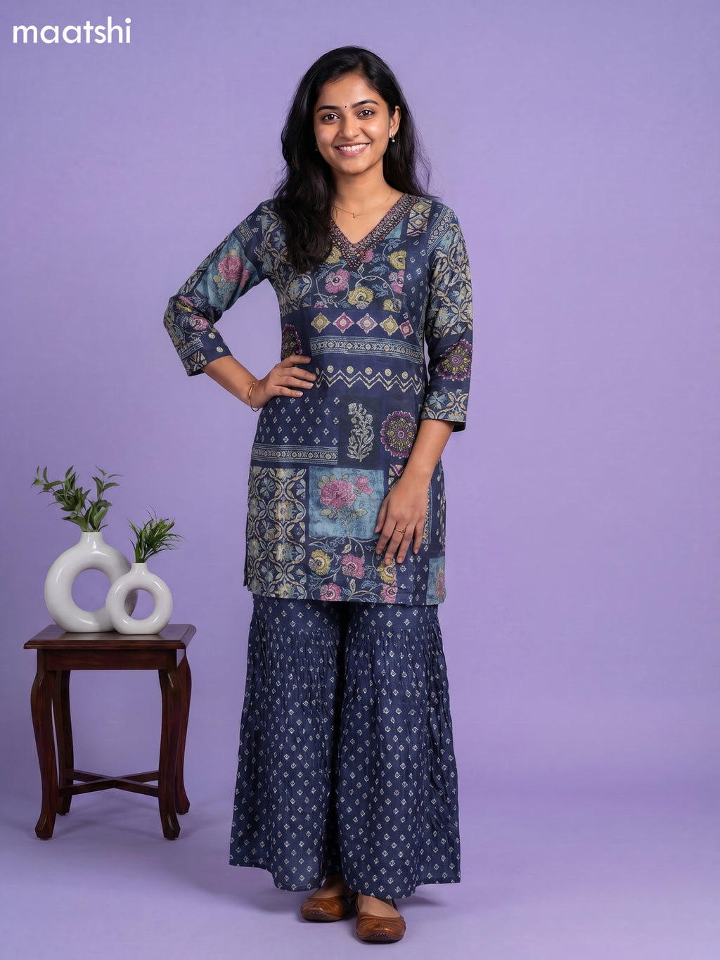 Navy Blue Art Tussar Printed Straight Suit