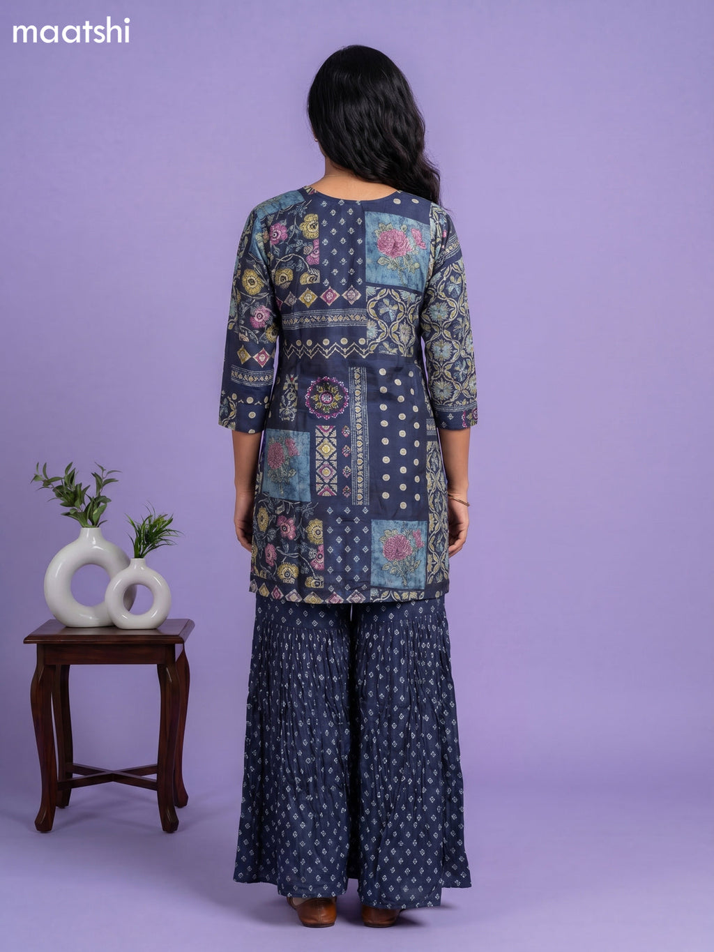 Navy Blue Art Tussar Printed Straight Suit