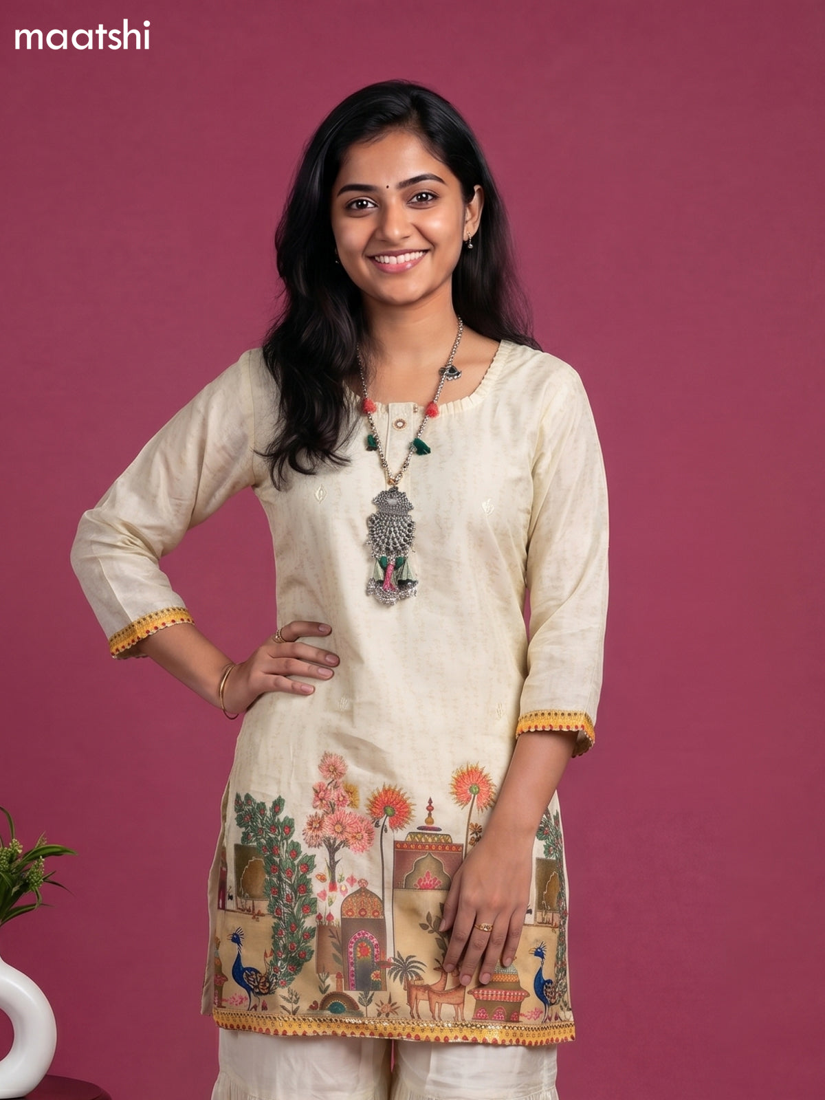 Cream Art Tussar Printed Straight Suit
