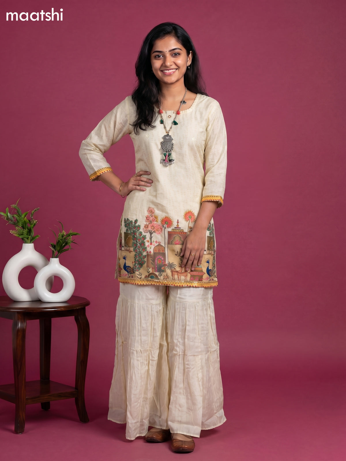 Cream Art Tussar Printed Straight Suit
