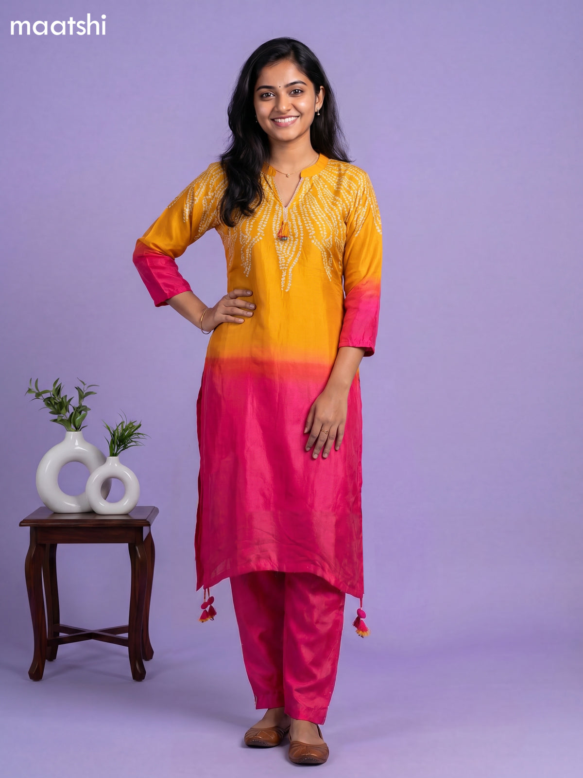 Mango Yellow and Pink Art Tussar Shibori Printed Fish Cut Kurti Set