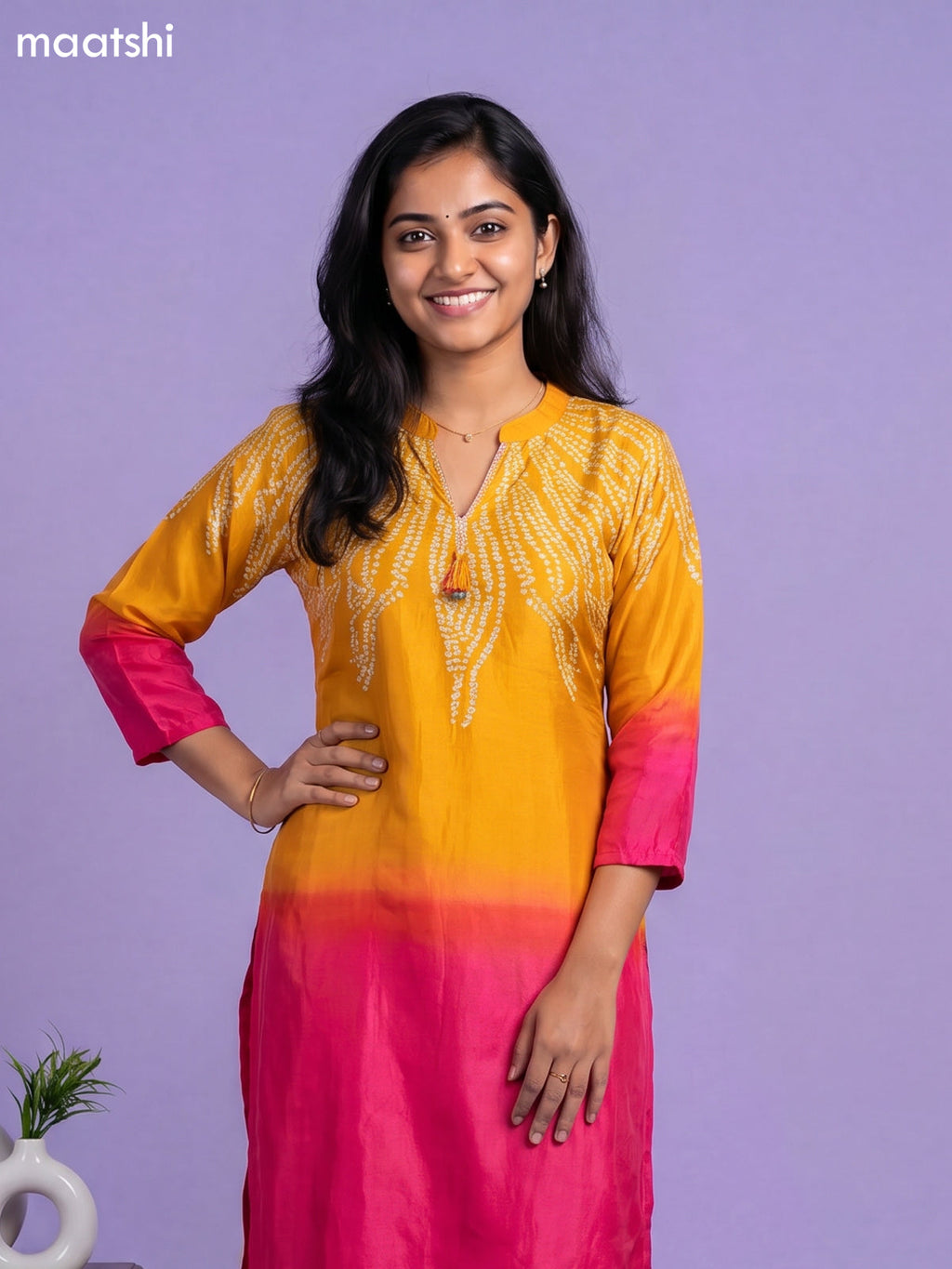 Mango Yellow and Pink Art Tussar Shibori Printed Fish Cut Kurti Set