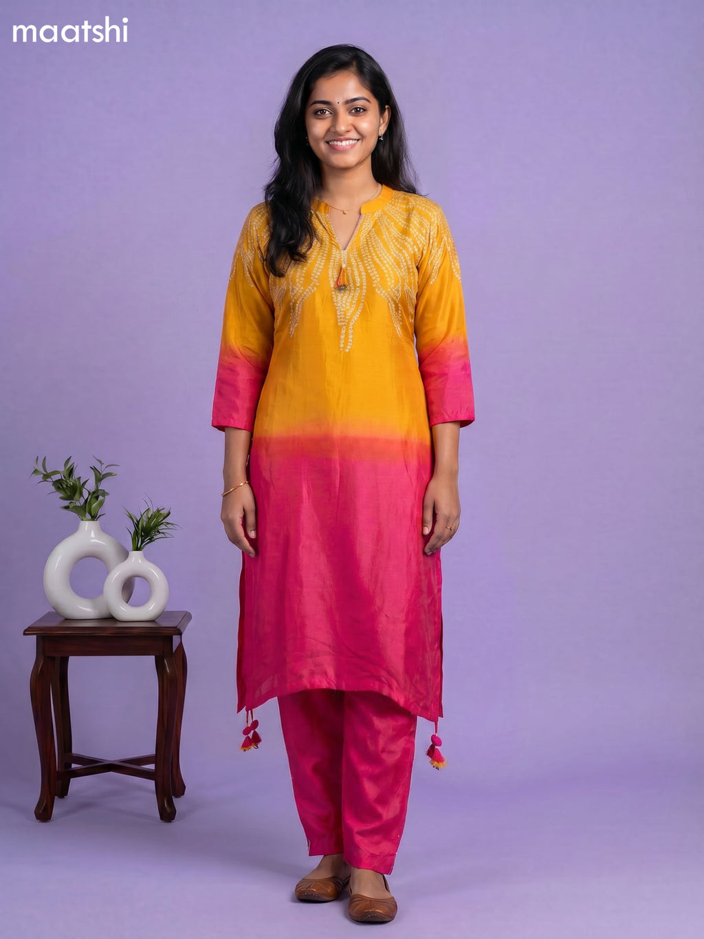 Mango Yellow and Pink Art Tussar Shibori Printed Fish Cut Kurti Set