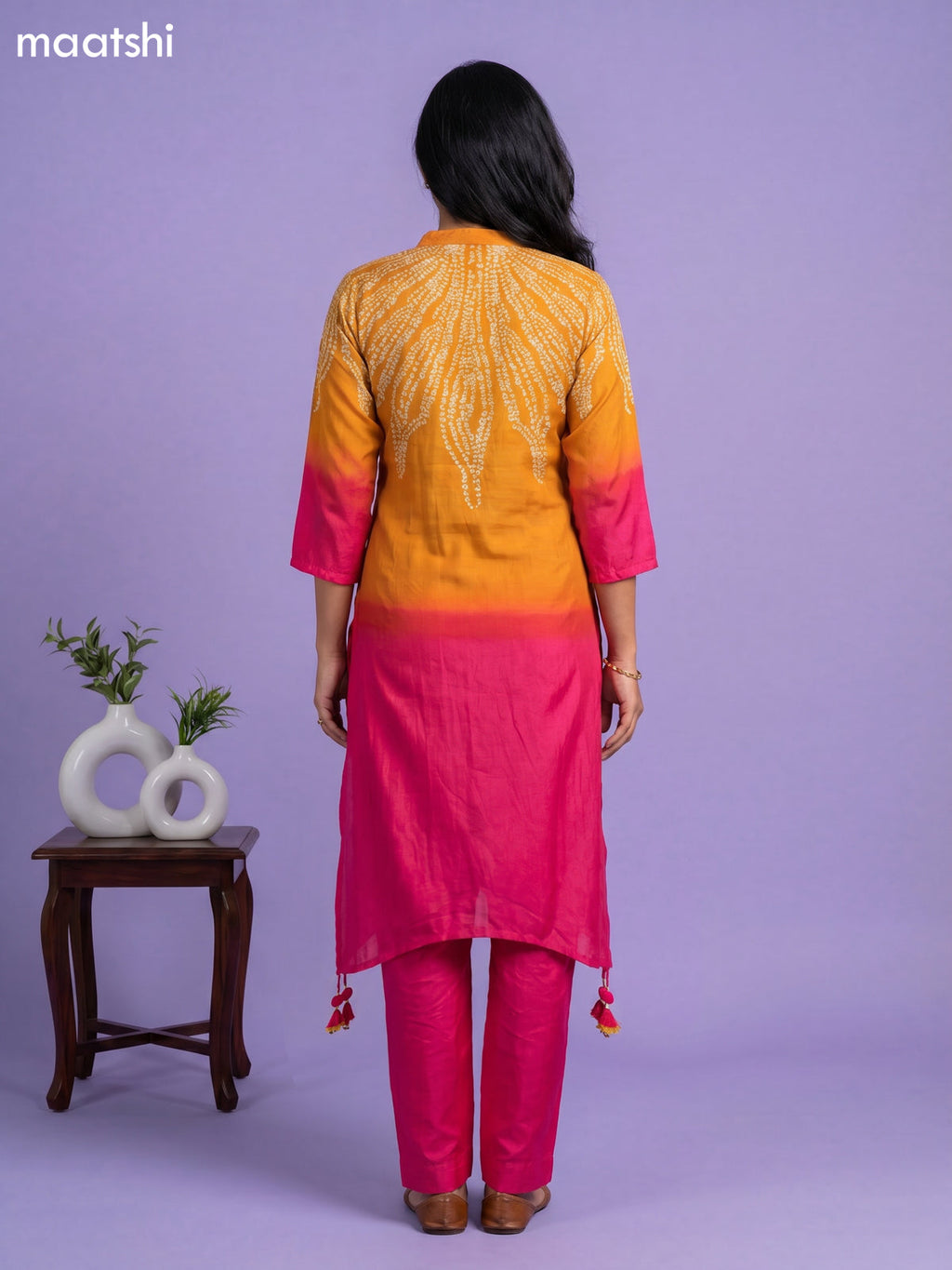 Mango Yellow and Pink Art Tussar Shibori Printed Fish Cut Kurti Set