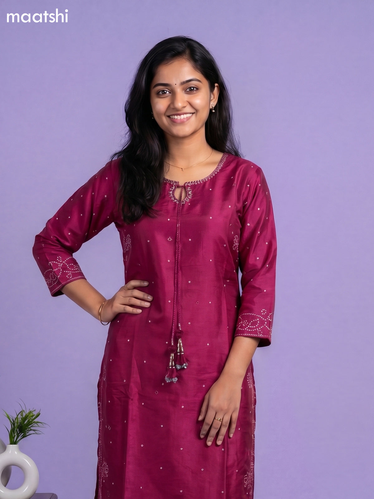 Magenta Pink Art Tussar Printed Kurti Set