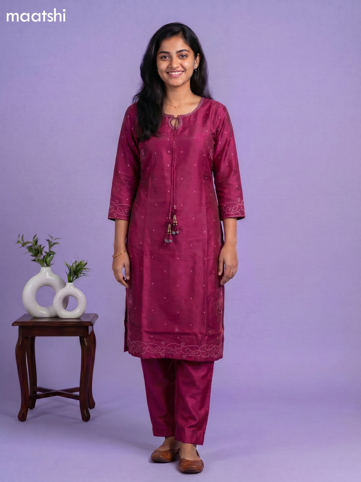 Magenta Pink Art Tussar Printed Kurti Set
