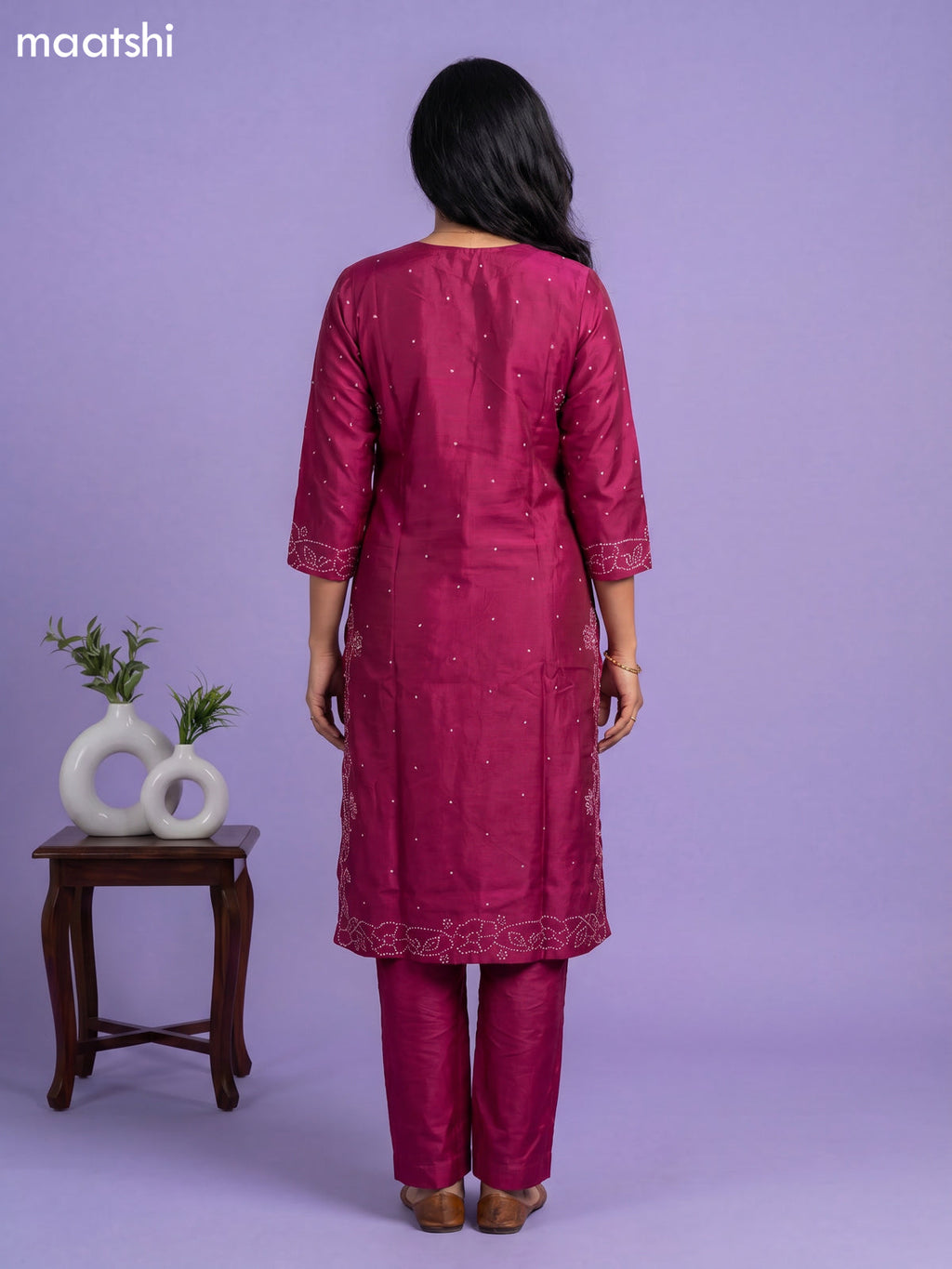 Magenta Pink Art Tussar Printed Kurti Set
