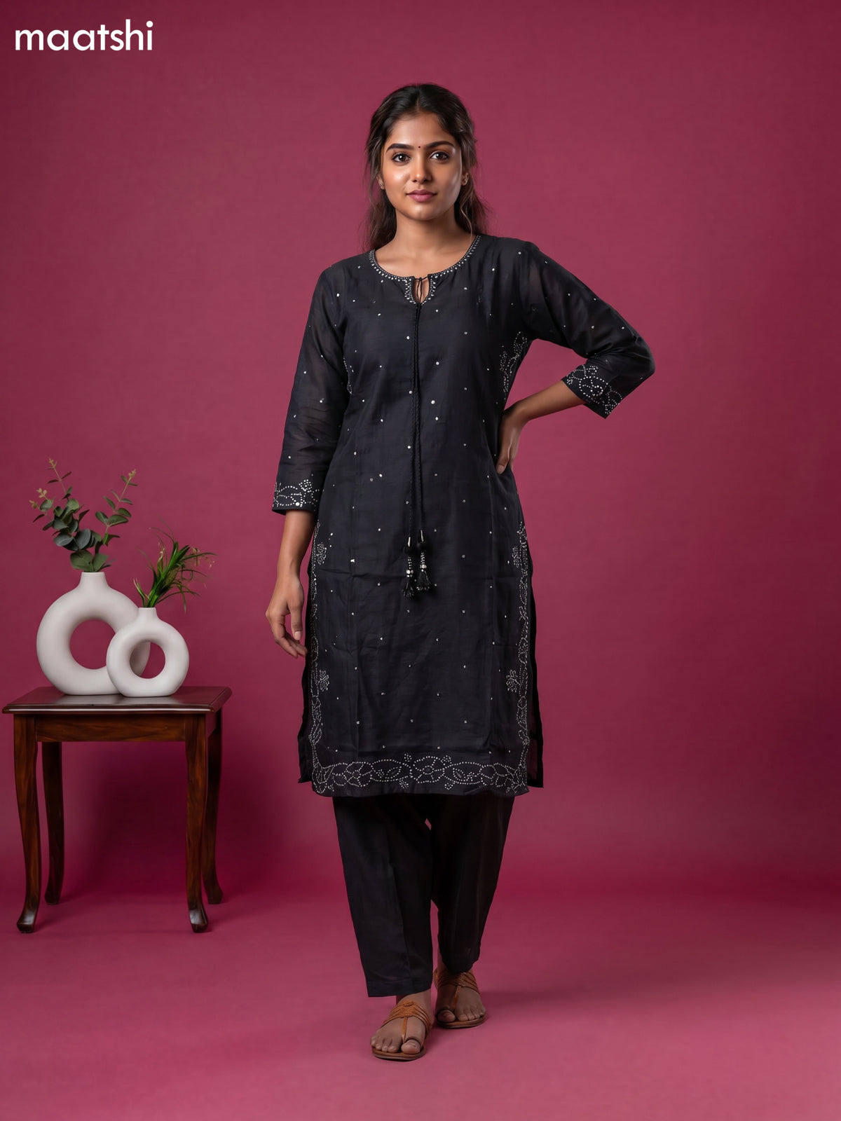 Black Art Tussar Embroidery Work Kurti Set
