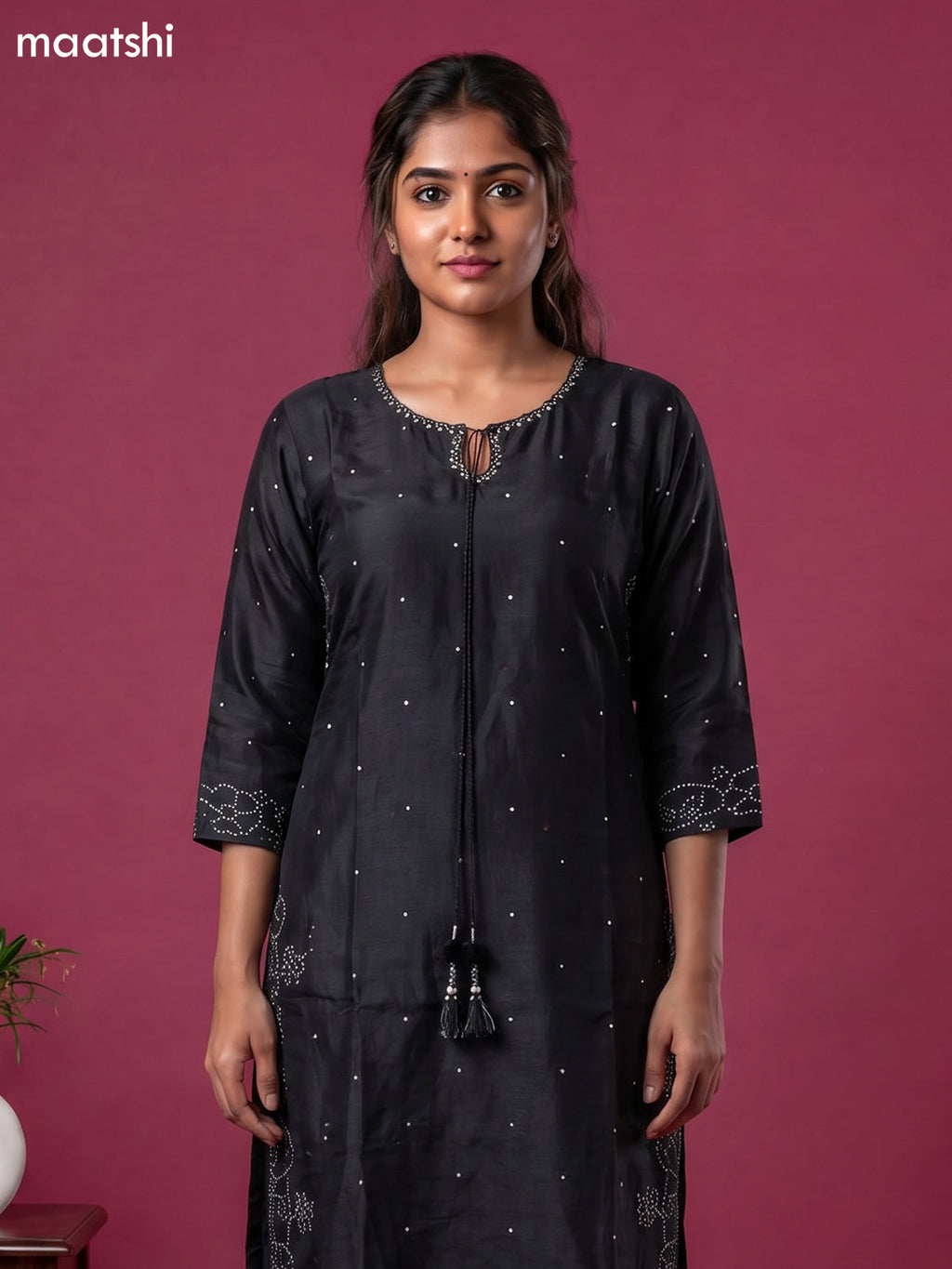Black Art Tussar Embroidery Work Kurti Set