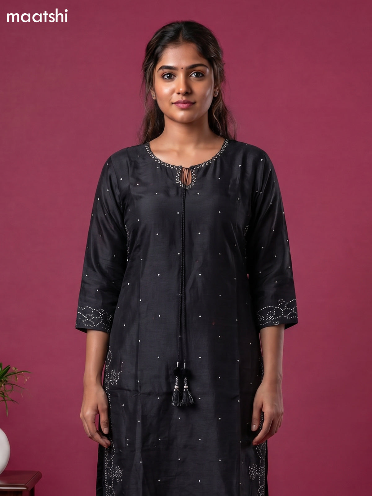 Black Art Tussar Embroidery Work Kurti Set