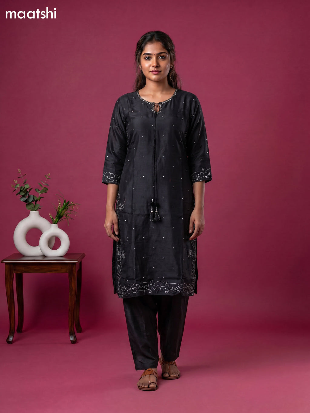 Black Art Tussar Embroidery Work Kurti Set