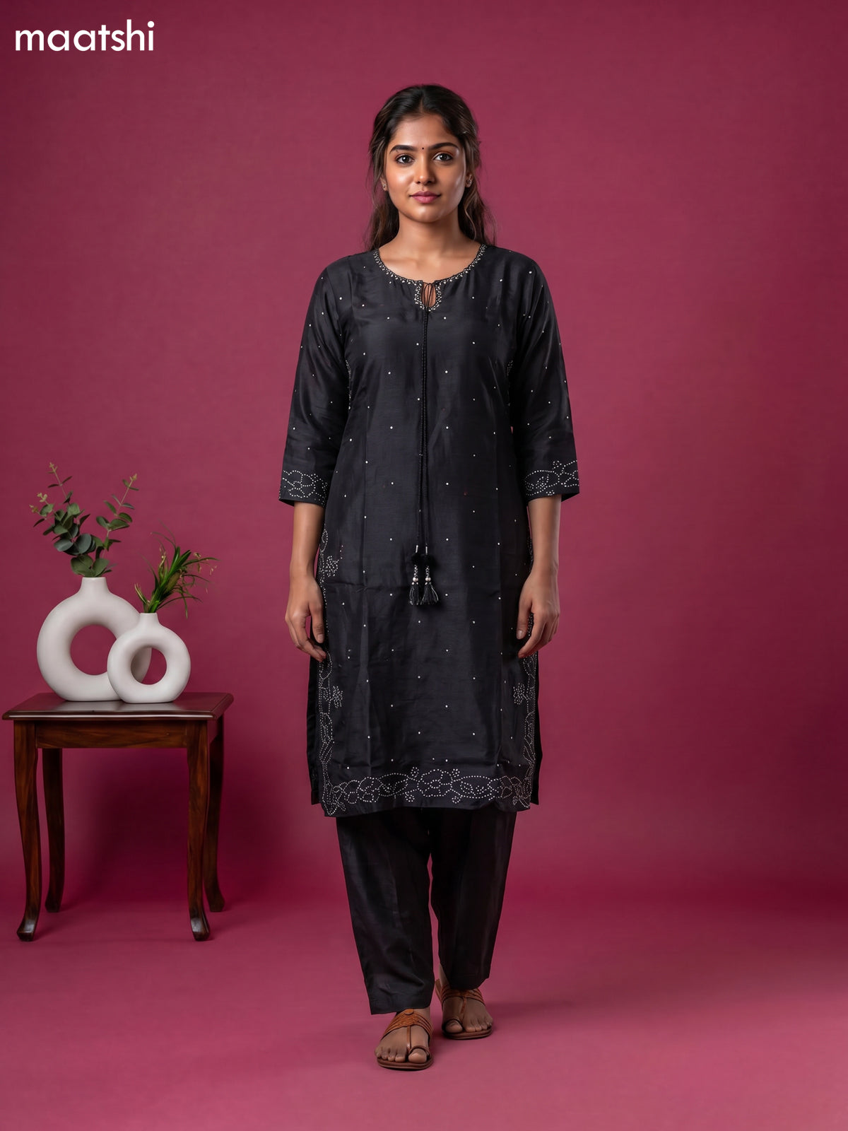 Black Art Tussar Embroidery Work Kurti Set