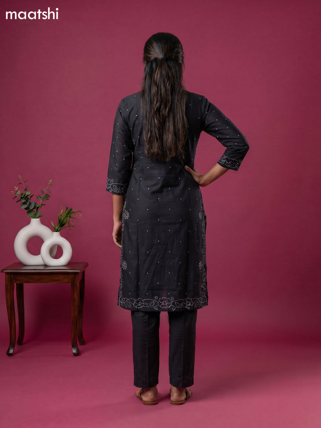 Black Art Tussar Embroidery Work Kurti Set