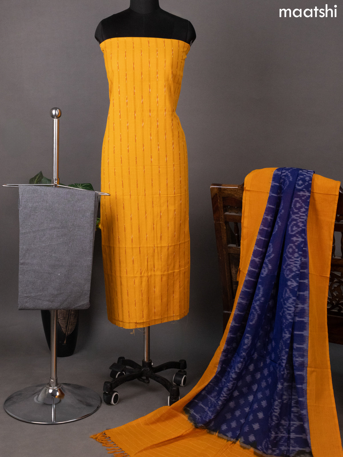 Mango Yellow and Grey Blue Ikat Cotton Dress Material With Ikat Weaves