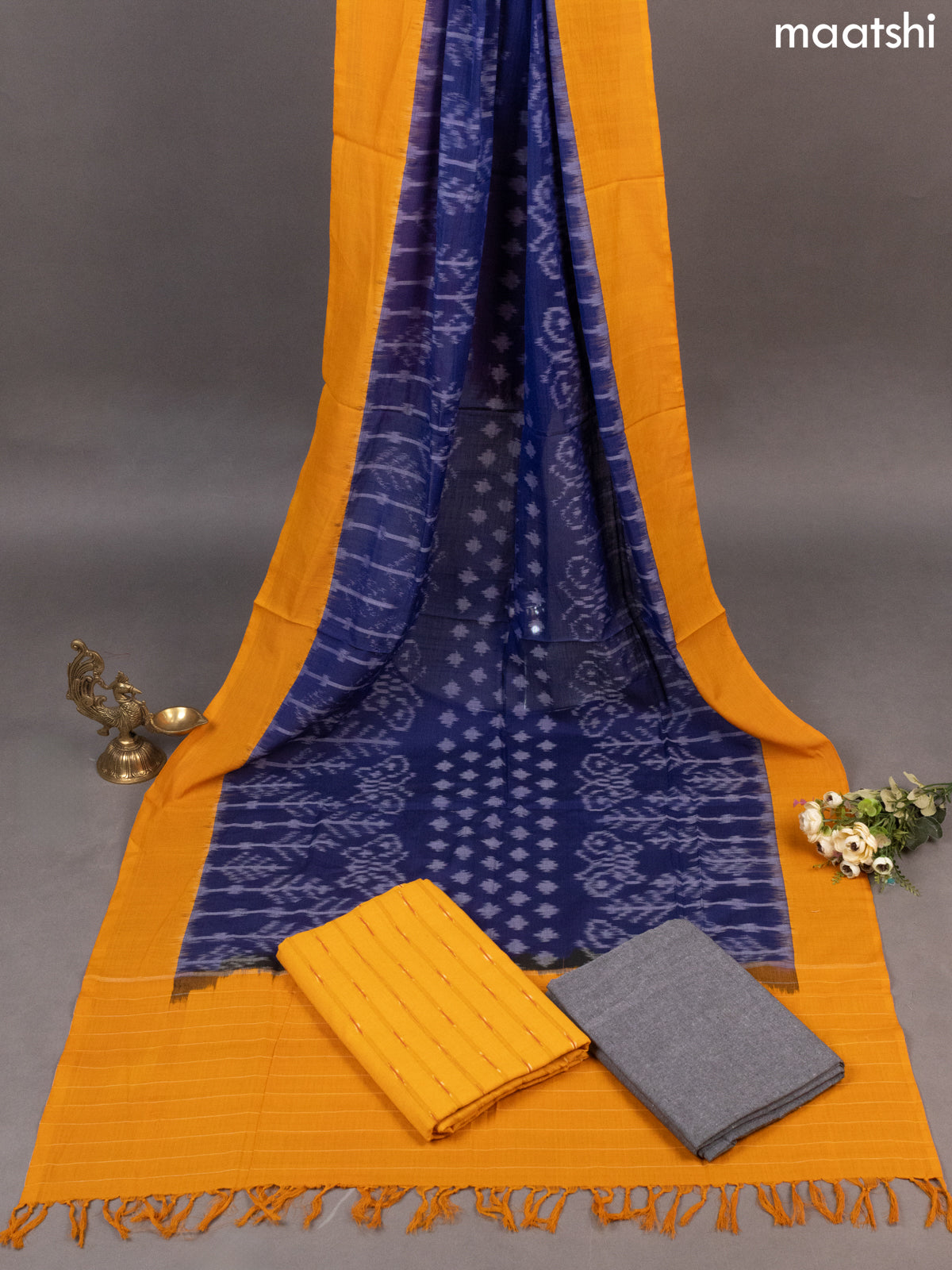 Mango Yellow and Grey Blue Ikat Cotton Dress Material With Ikat Weaves