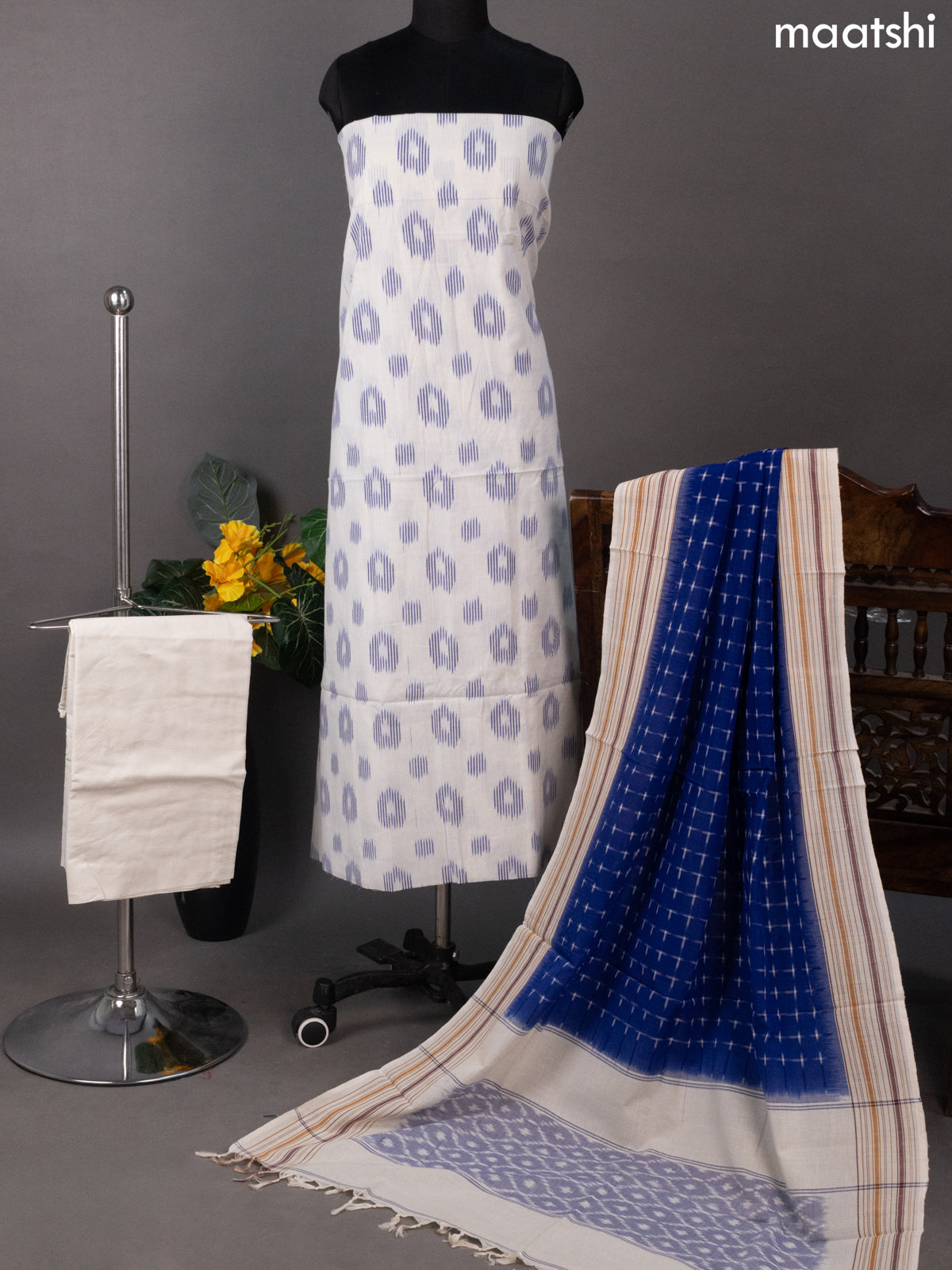 Off White and Blue Ikat Cotton Dress Material With Ikat Butta Weaves
