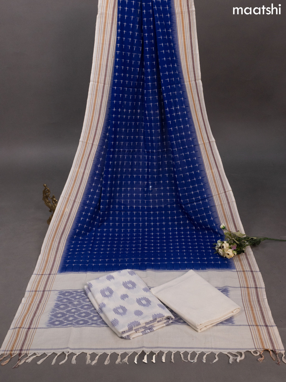 Off White and Blue Ikat Cotton Dress Material With Ikat Butta Weaves