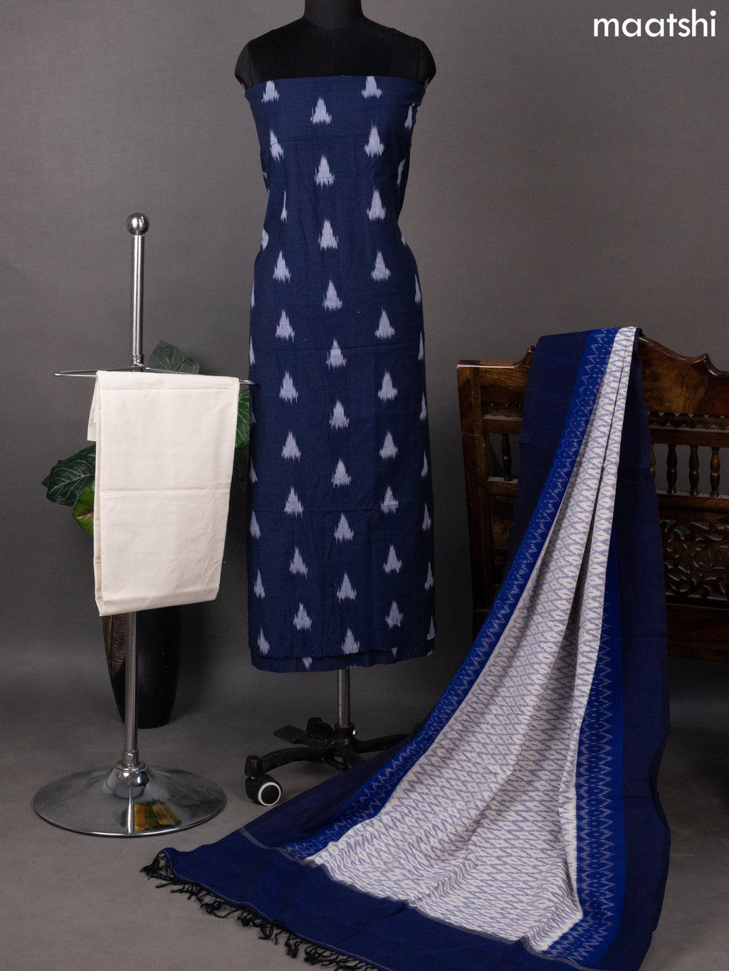 Blue and Off White Ikat Cotton Dress Material With Ikat Butta Weaves